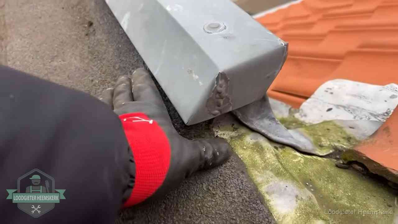 Controle van een zinken hemelwaterafvoer met loodslab bij dakpannen in Heemskerk